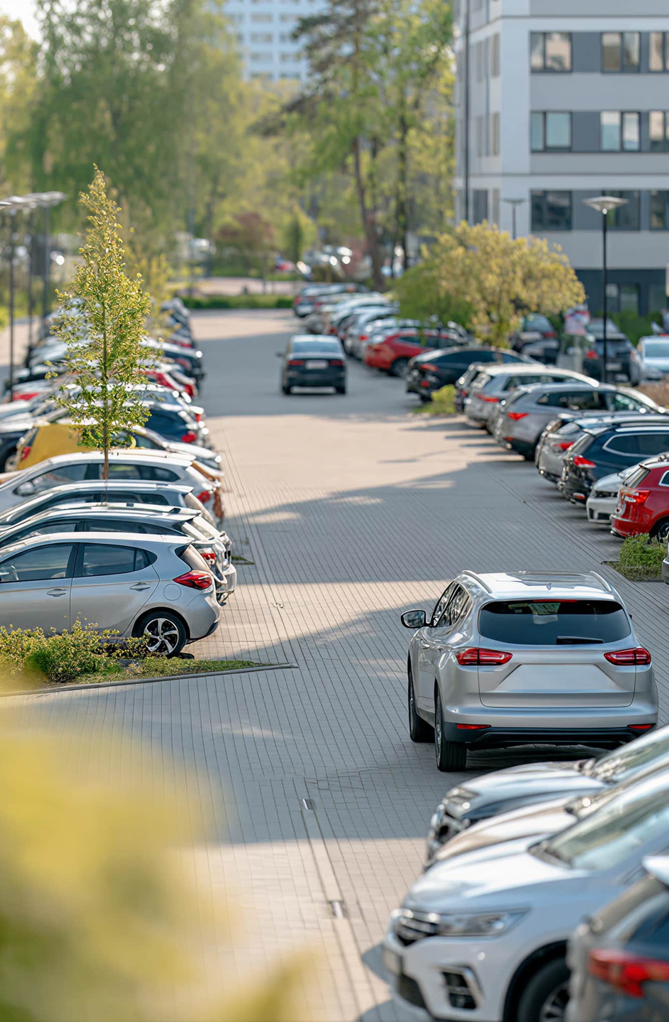Parkplätze einer Wohnanlage mit parkenden Fahrzeugen entlang der Straße
