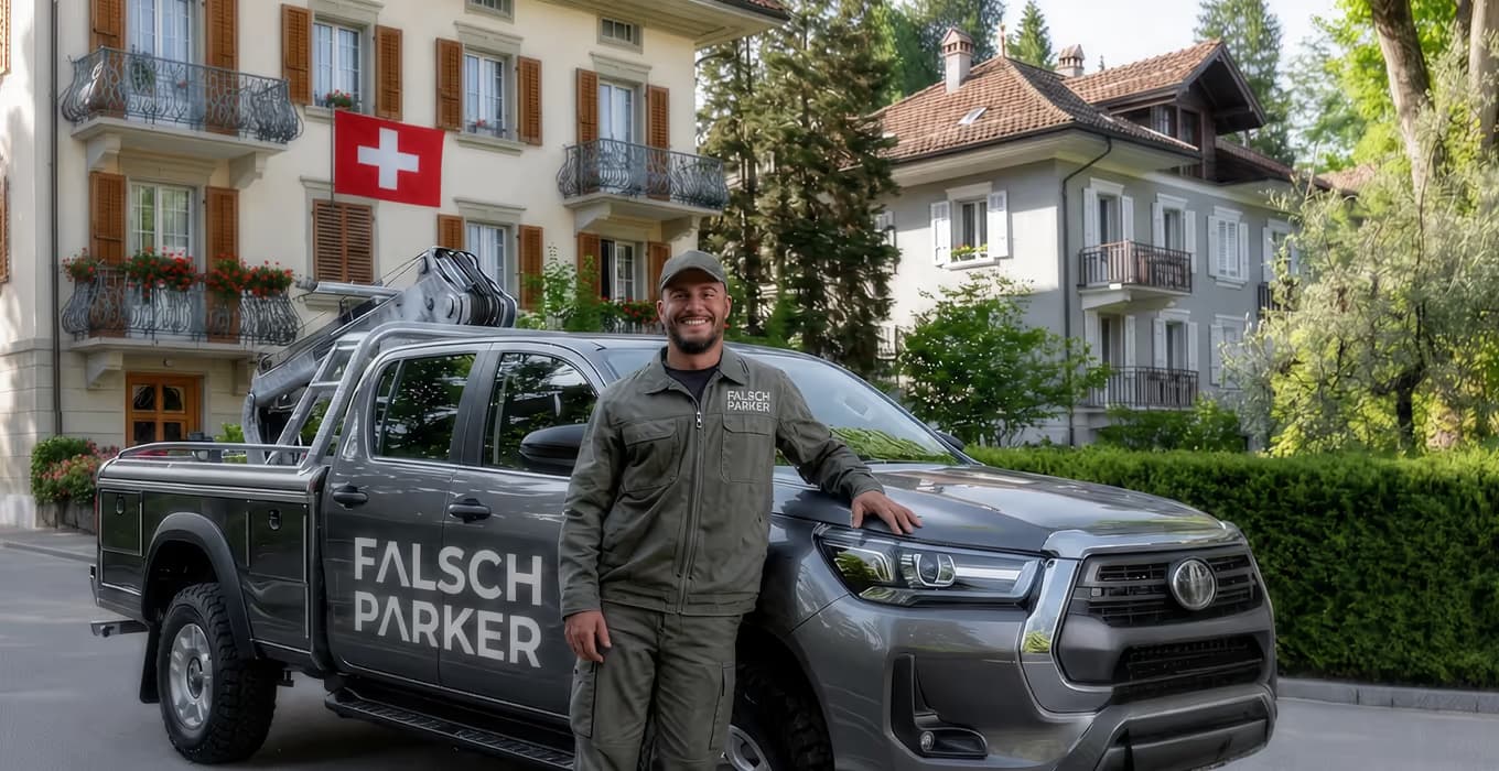 FalschParker-Mitarbeiter in Uniform lehnt an einem grauen Abschlepp-Pick-up vor einem Chalet mit Schweizer Fahne