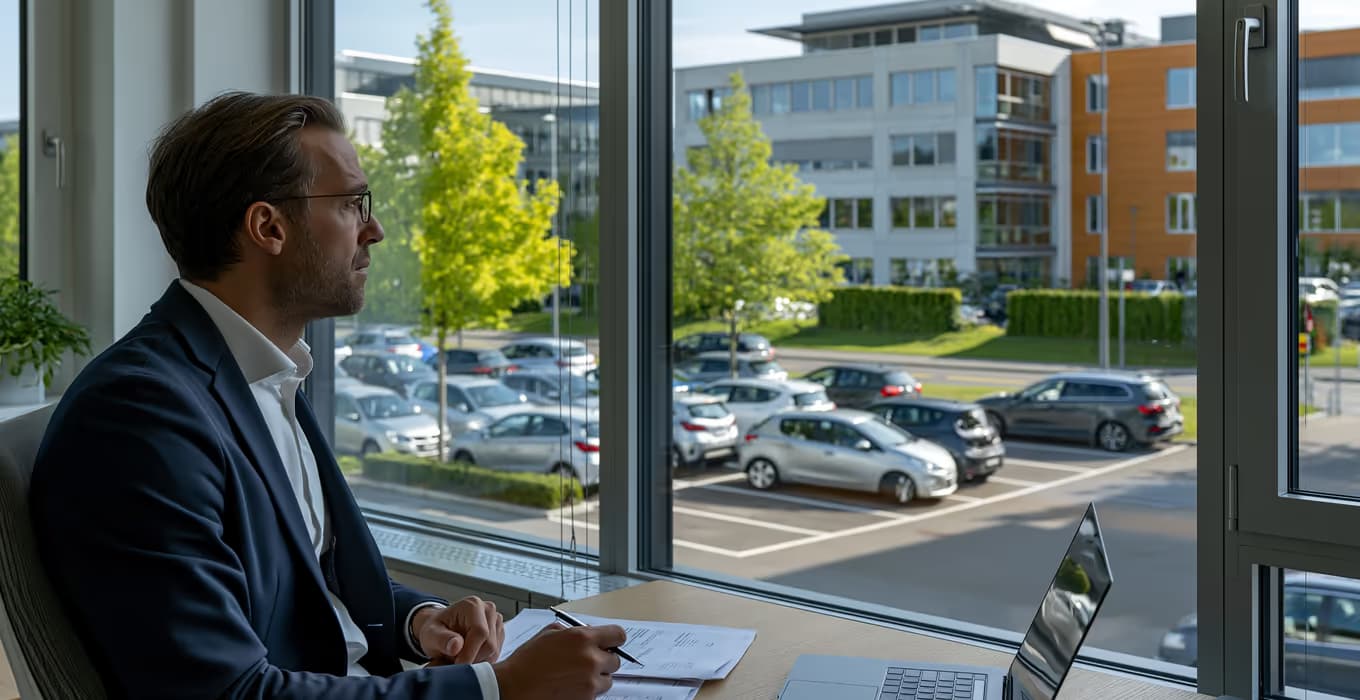 Mann im Anzug am Bürofenster mit Notizen und Laptop blickt auf den Firmenparkplatz