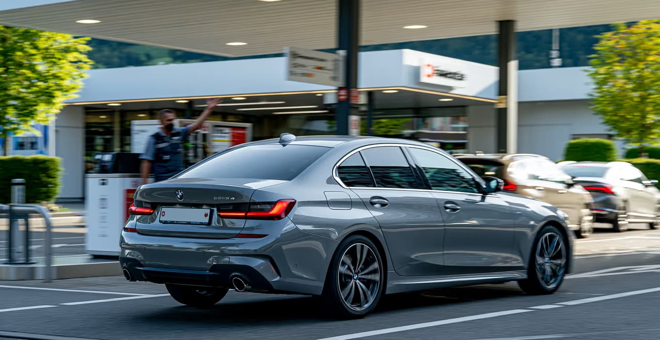Grauer BMW verlässt eine Tankstelle, im Hintergrund ein gestikulierender Mitarbeiter