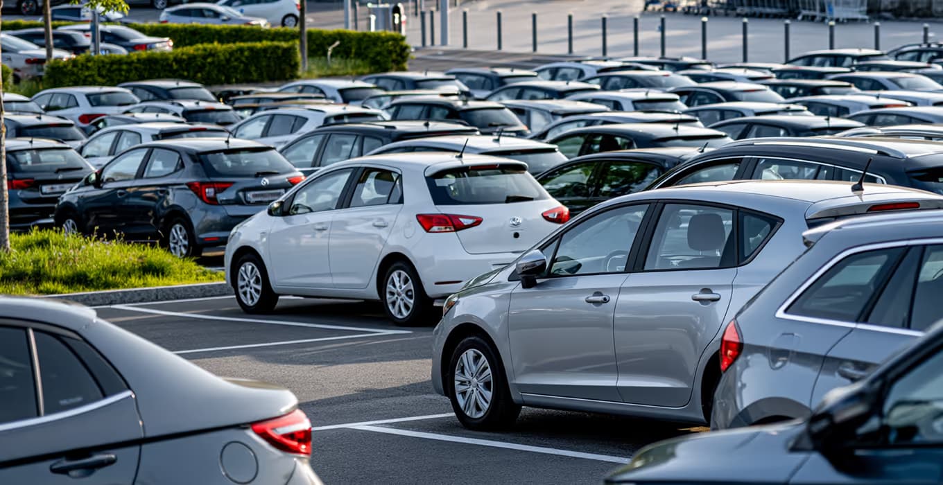Dicht belegter Parkplatz mit Reihen von Autos in markierten Feldern