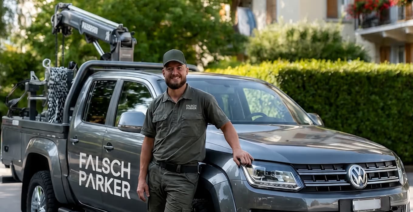 FalschParker-Mitarbeiter lehnt an einem grauen Abschlepp-Pick-up mit Kran vor einer Hecke