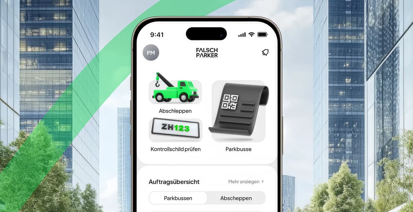 Smartphone zeigt den Startbildschirm der FalschParker-App mit Kacheln für Abschleppen, Kontrollschild prüfen und Parkbusse