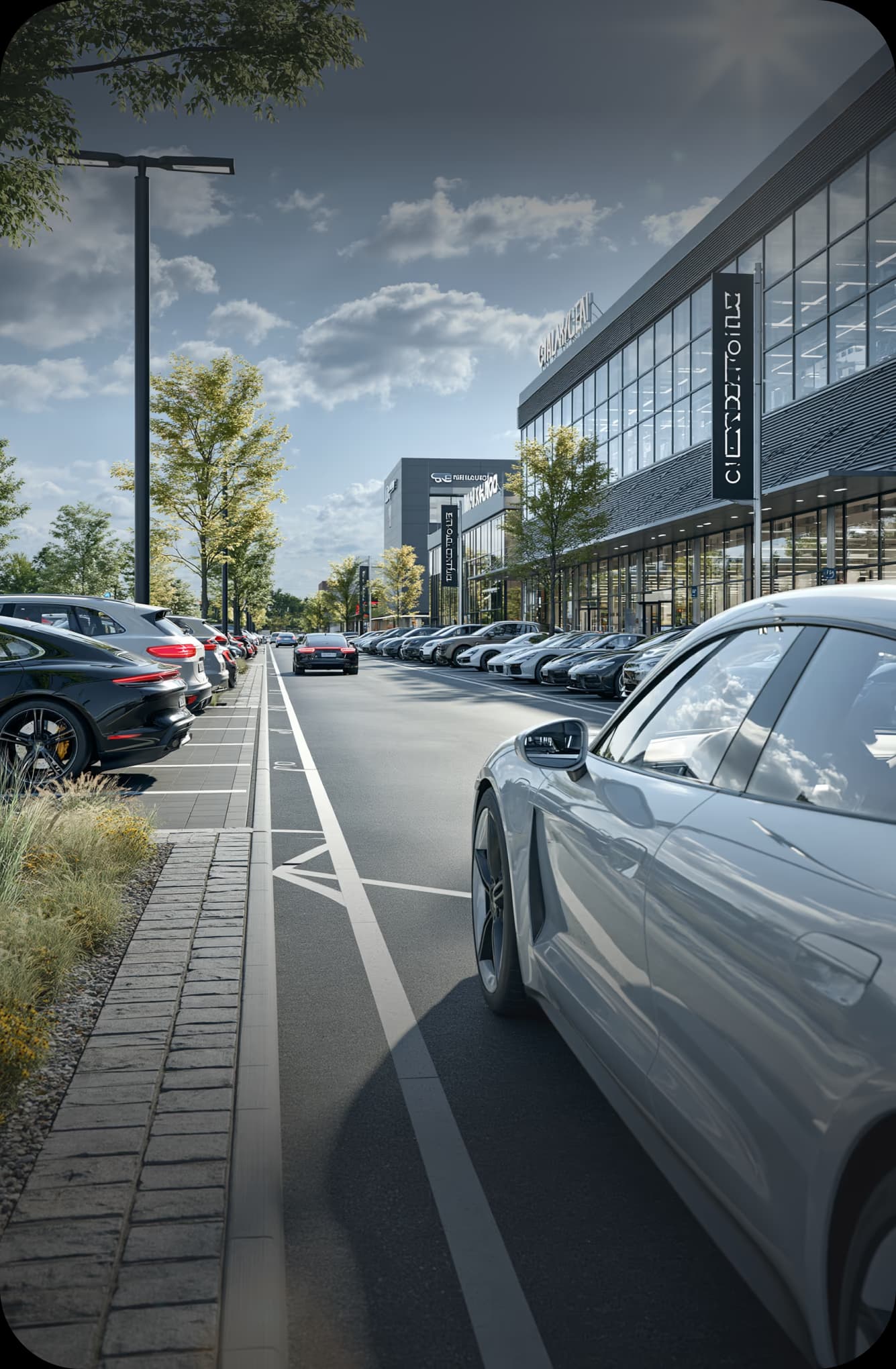 Parkplätze eines Office-Parks vor modernen Bürogebäuden