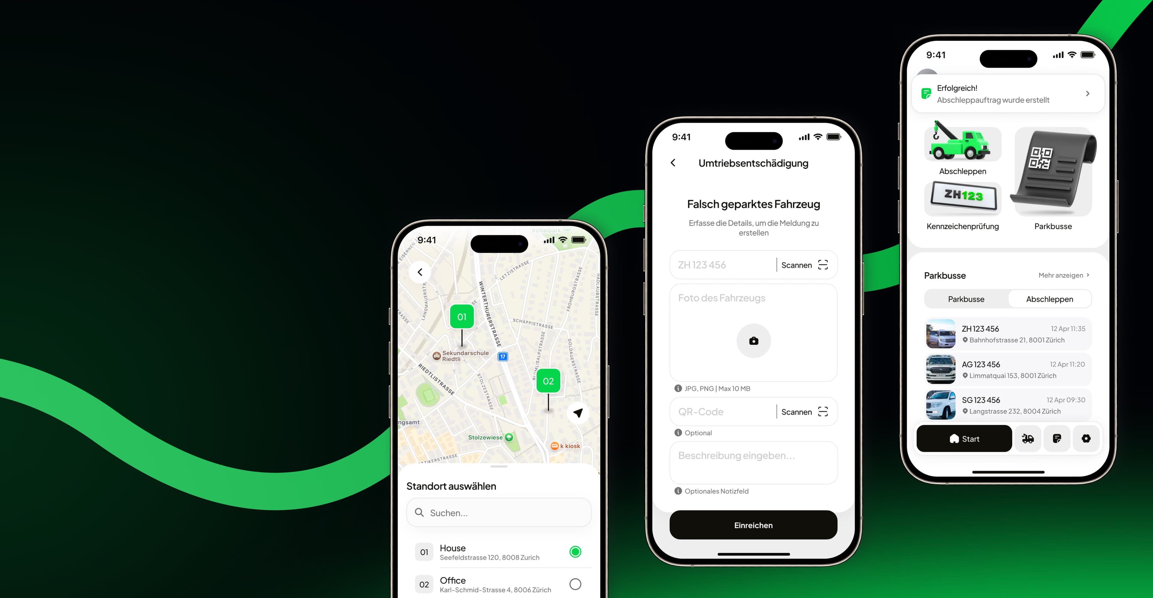 FalschParker App auf drei Smartphones: Kartenansicht, Auftragsübersicht und Abschleppauftrag