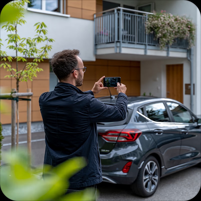 Person fotografiert ein falsch geparktes Fahrzeug mit dem Smartphone