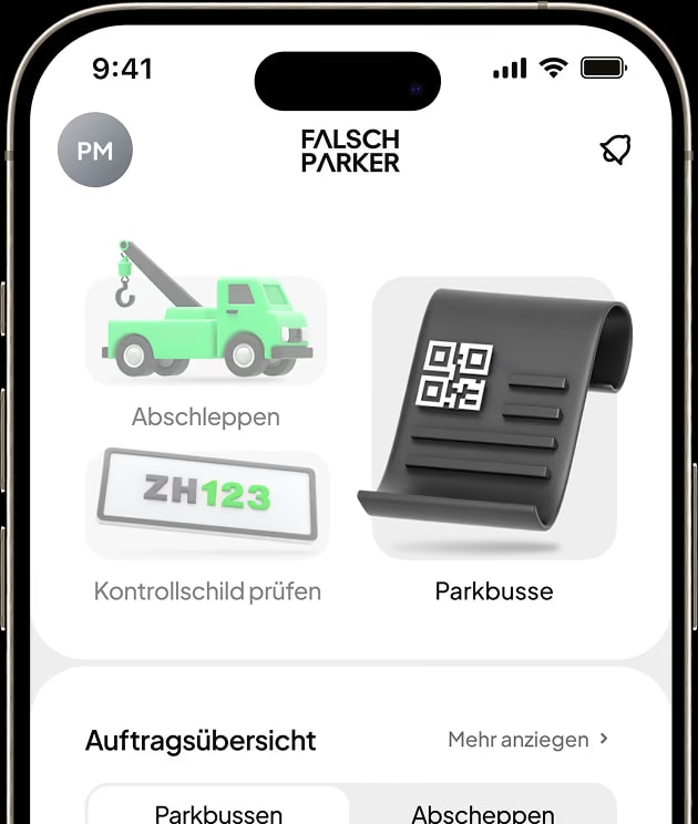 FalschParker App mit Auftragsübersicht auf dem Smartphone