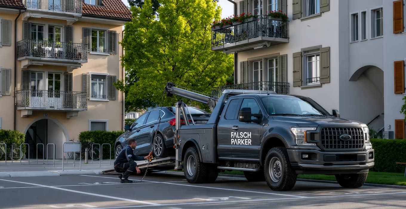 FalschParker-Abschleppwagen lädt ein dunkles Auto auf, ein Mitarbeiter sichert es am Boden