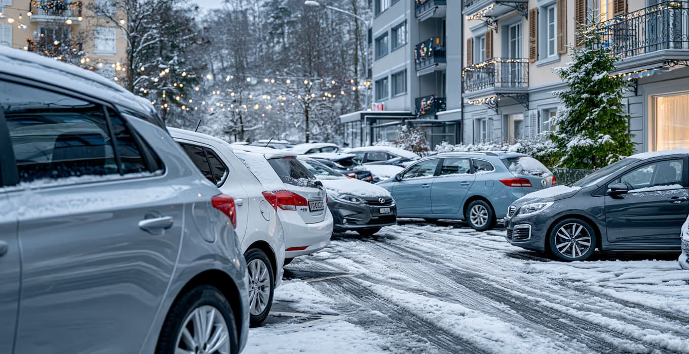 Schneebedeckte Autos parken entlang einer Gasse mit Weihnachtsbeleuchtung und geschmücktem Baum