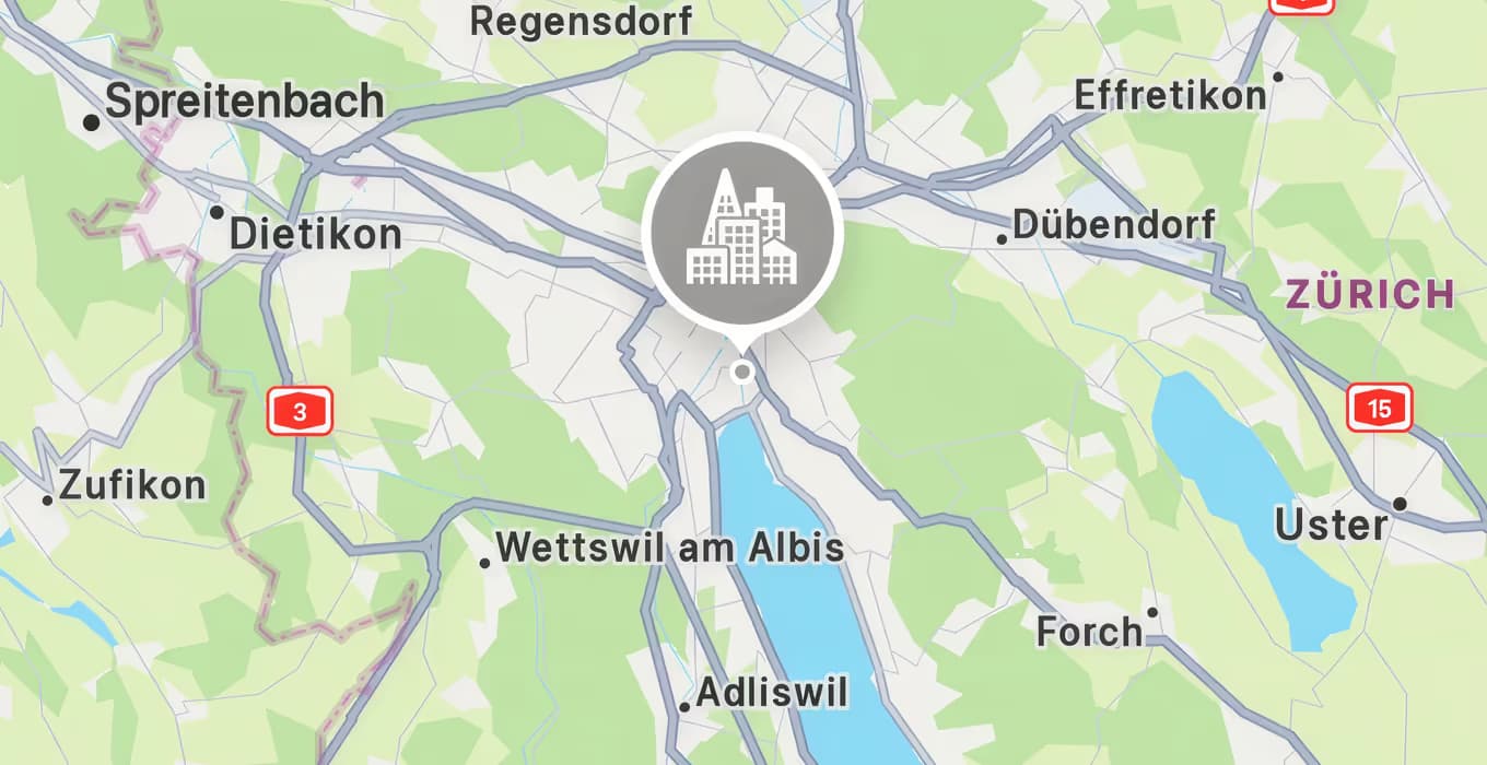 Kartenausschnitt der Region Zürich mit einem Gebäude-Marker über der Stadt