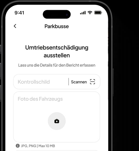 FalschParker App: Formular zum Ausstellen einer Vertragsstrafe mit Kennzeichen-Scan