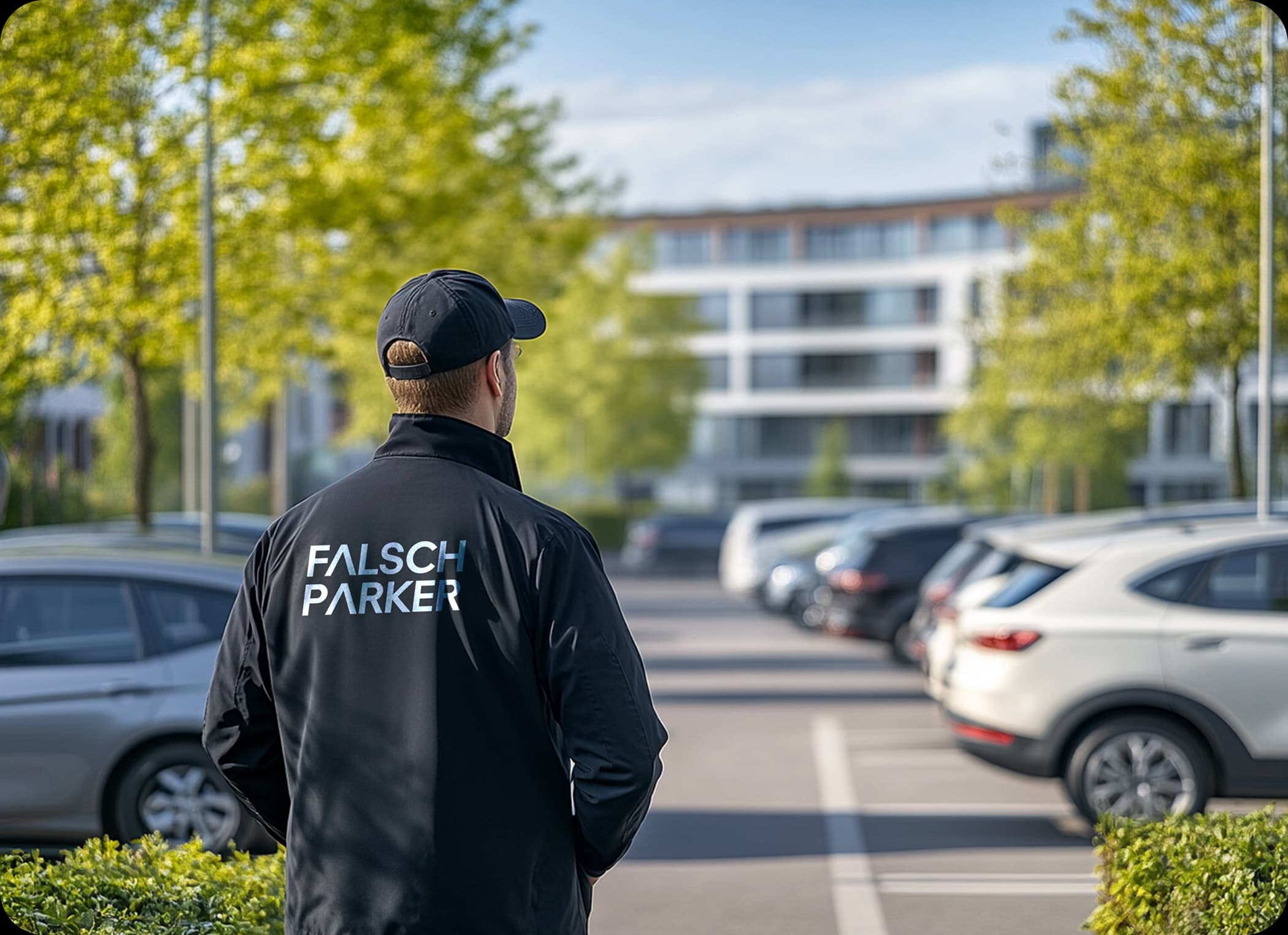 Parkwächter mit FalschParker-Jacke kontrolliert einen Parkplatz