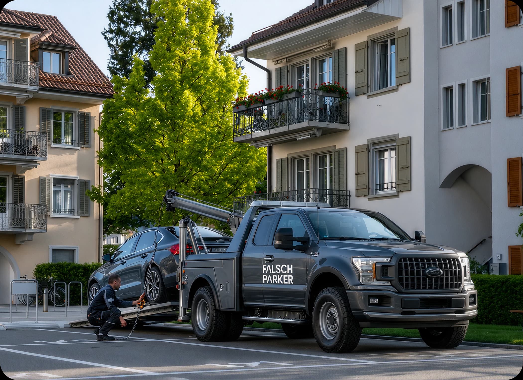 Abschleppwagen vor moderner Stadtkulisse