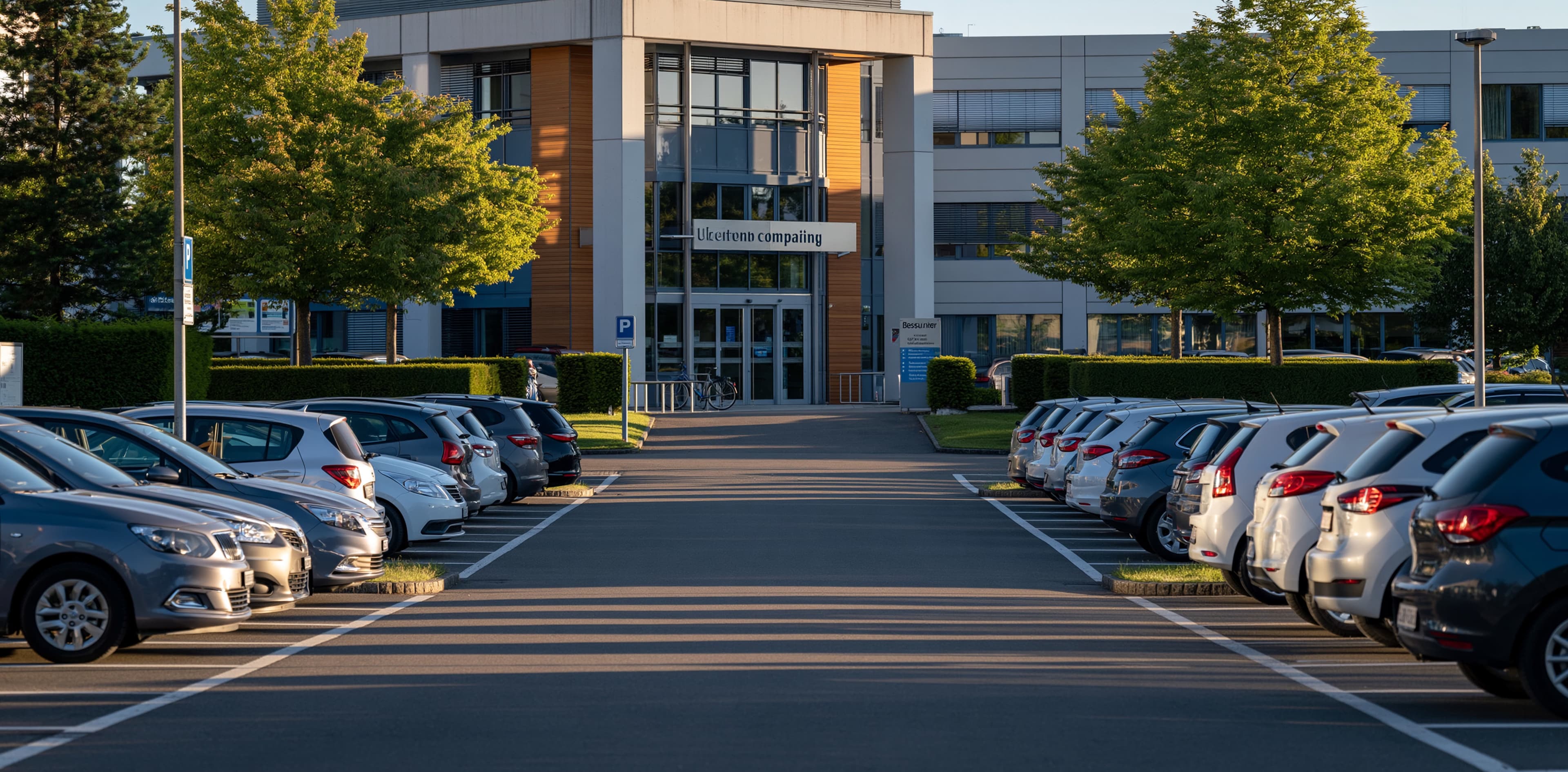 Voll belegter Firmenparkplatz vor einem Bürogebäude in der Abendsonne