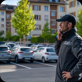 Parkwächter mit FalschParker-Jacke kontrolliert den Parkplatz vor Ort