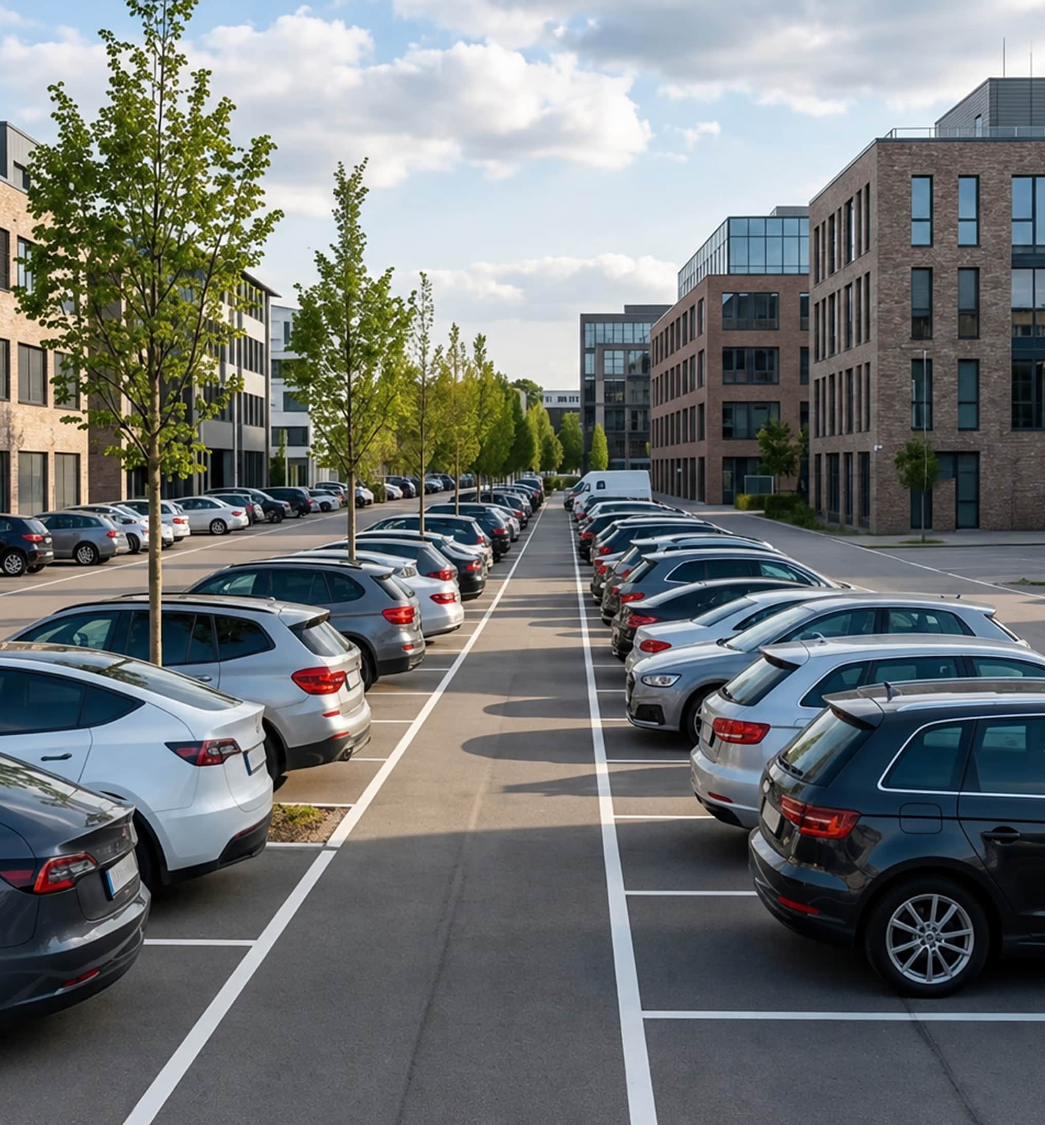 Firmenparkplatz mit geparkten Fahrzeugen entlang eines Bürogebäudes