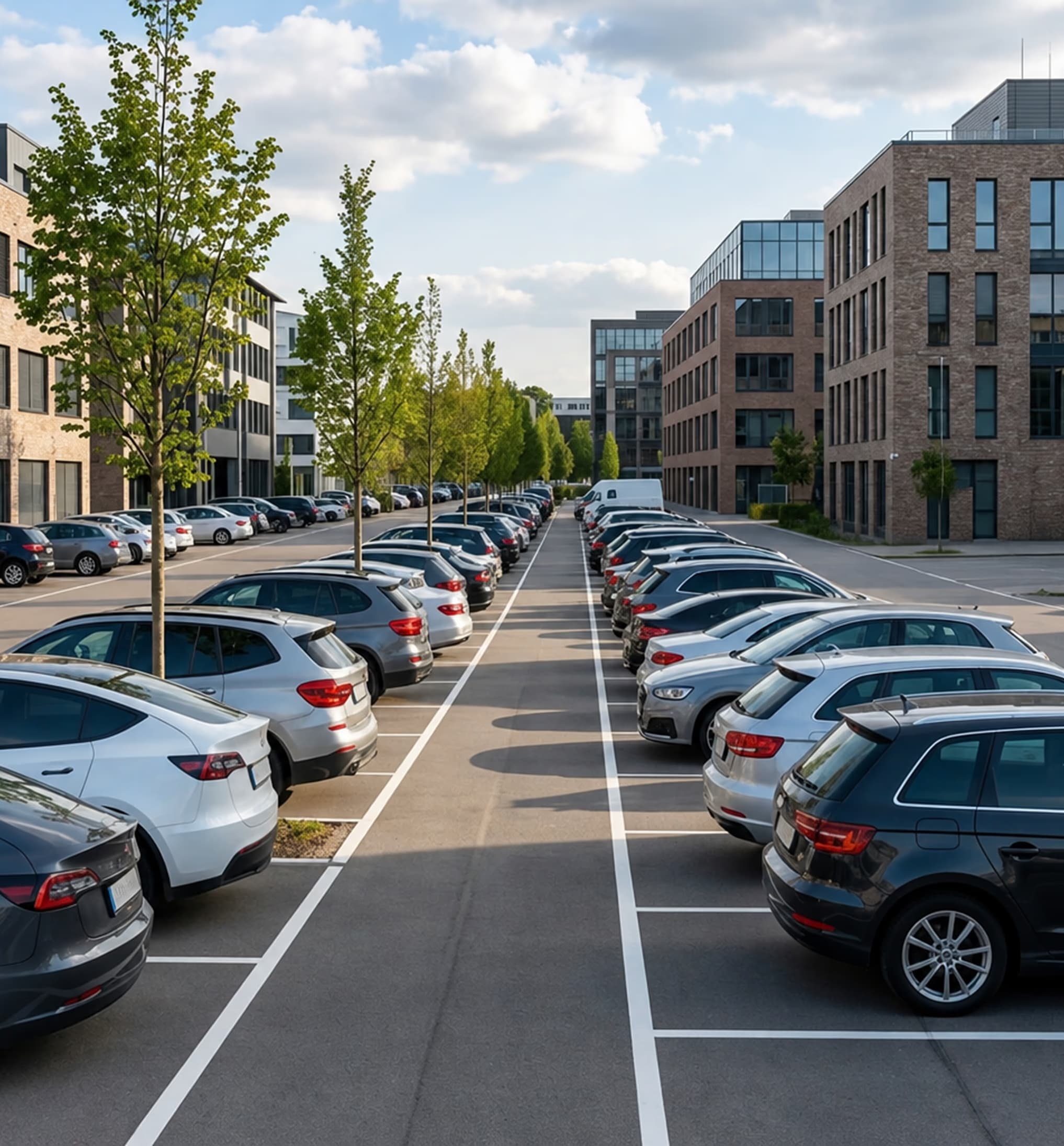 Firmenparkplatz mit geparkten Fahrzeugen entlang eines Bürogebäudes