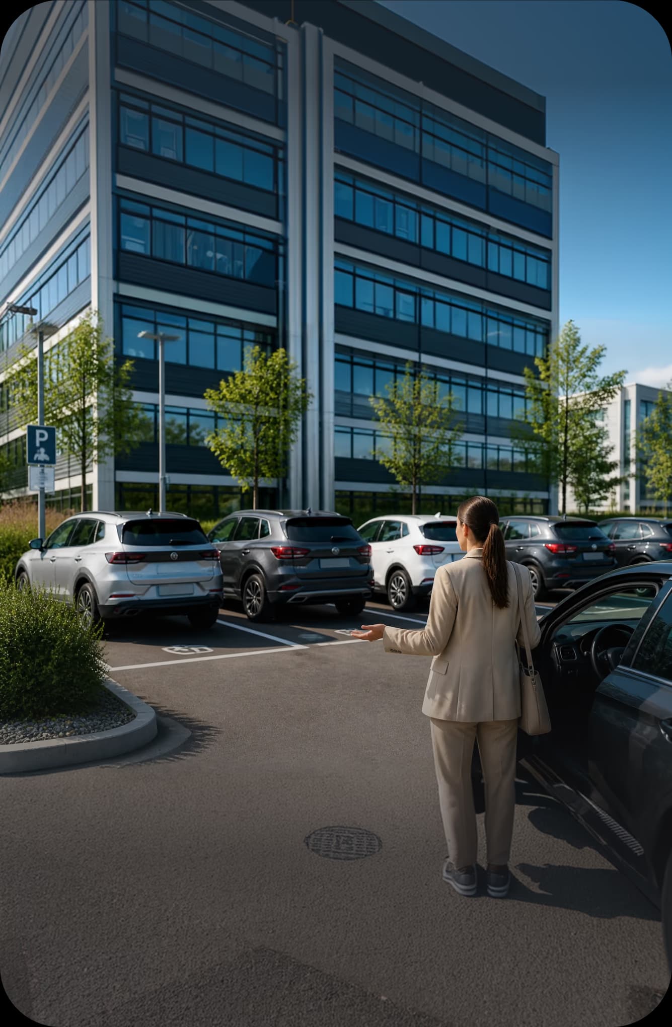Mitarbeitende suchen auf einem belegten Firmenparkplatz einen freien Platz