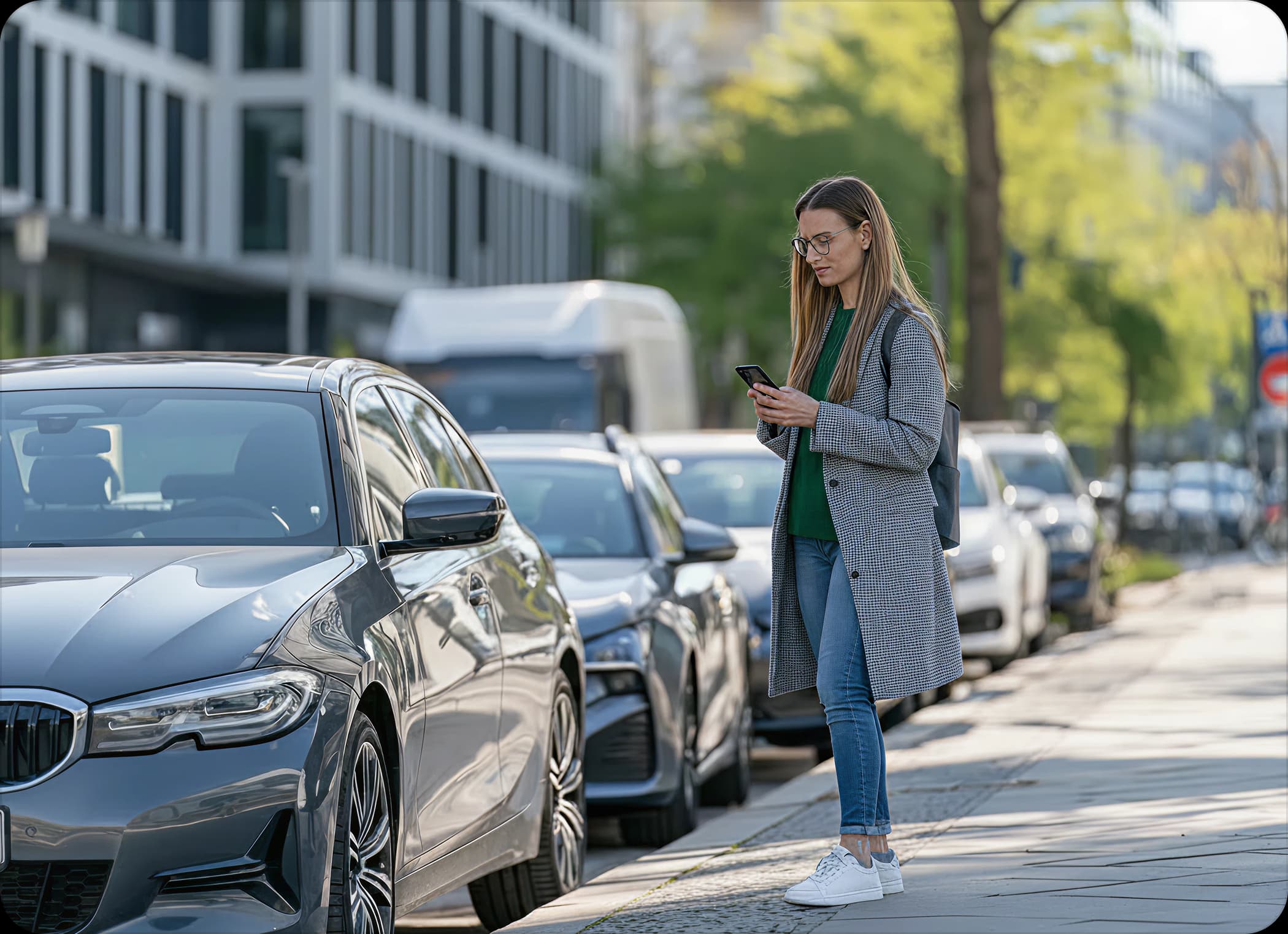 Person erfasst einen Falschparker am Straßenrand mit der FalschParker App
