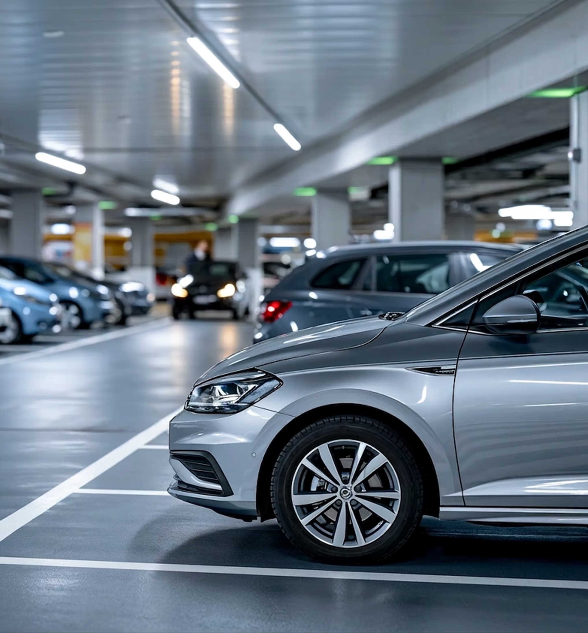Beleuchtete Tiefgarage mit geparkten Fahrzeugen