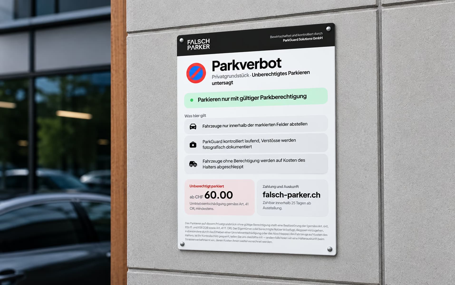 Parkverbotsschilder von FalschParker auf einem Privatparkplatz