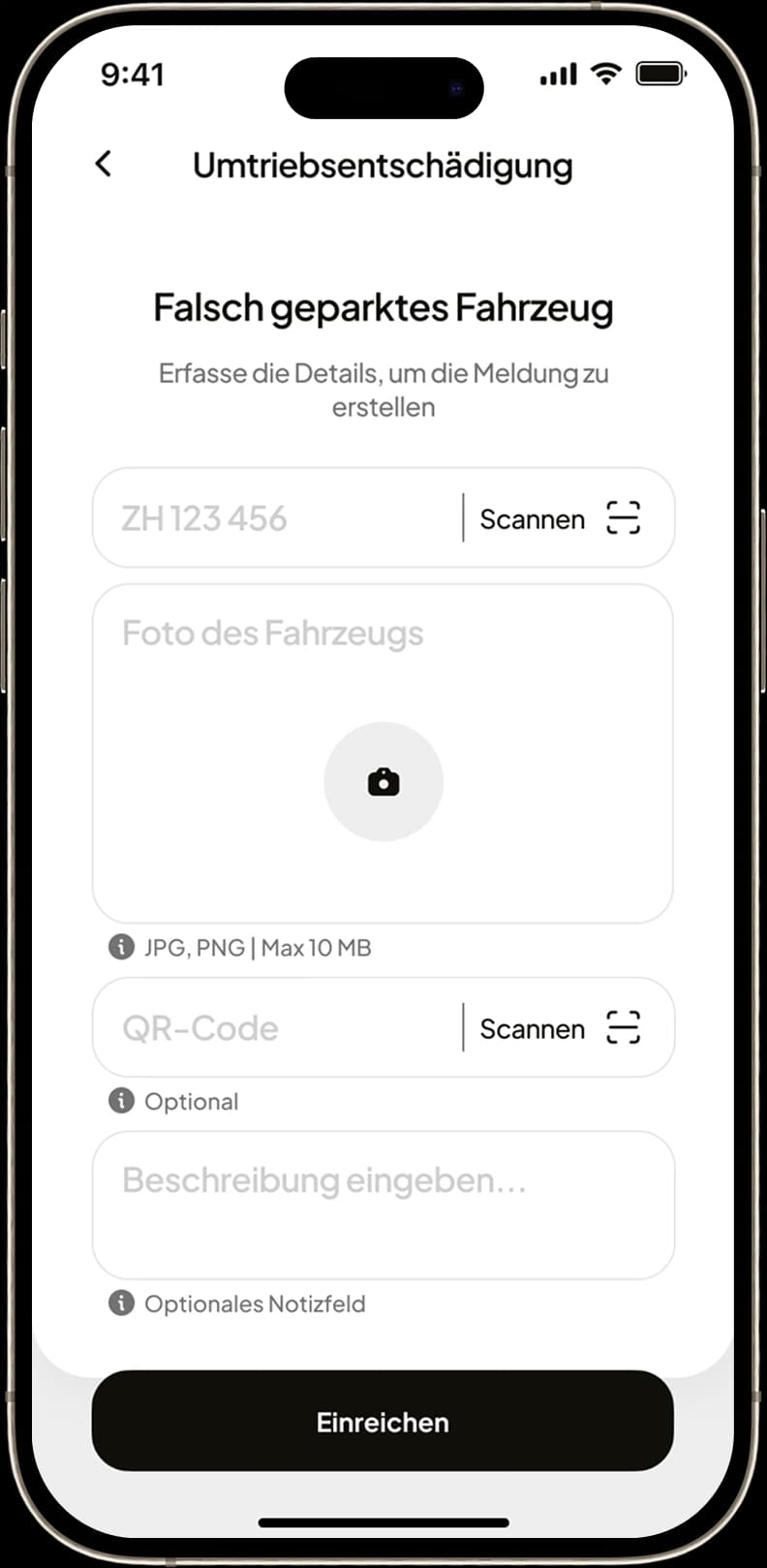 FalschParker App: Formular «Falsch geparktes Fahrzeug» mit Kennzeichen-Scan und Foto-Upload