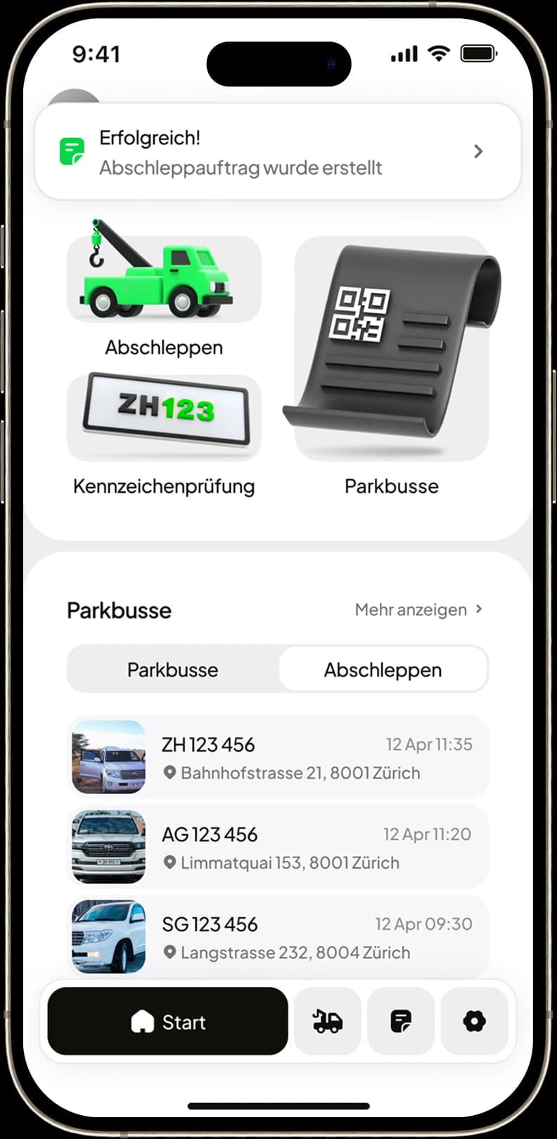 FalschParker App: Startseite mit bestätigtem Abschleppauftrag und Liste der Vertragsstrafen