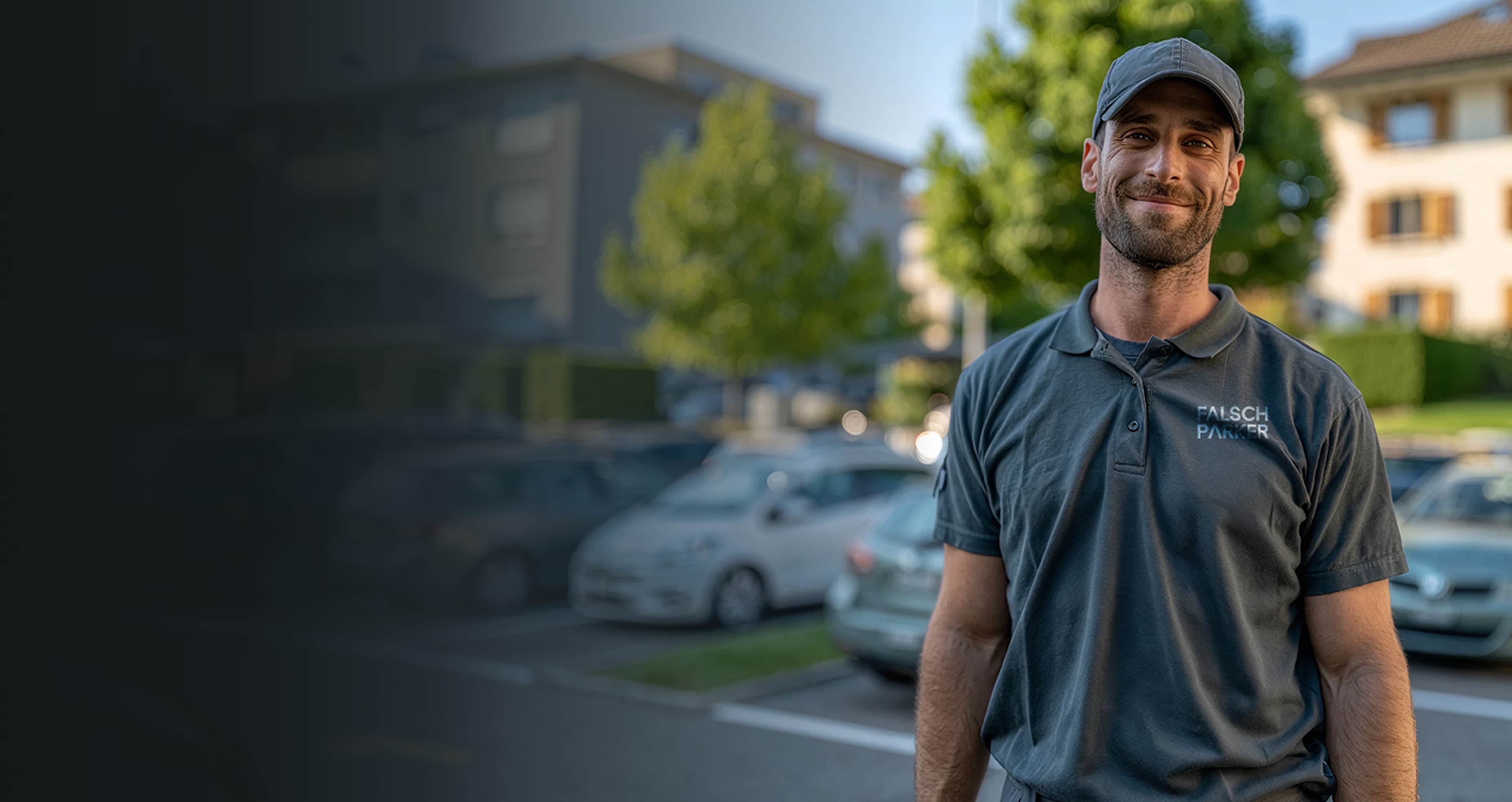 Falsch-Parker Parkwächter in Uniform vor parkenden Fahrzeugen in der Abenddämmerung