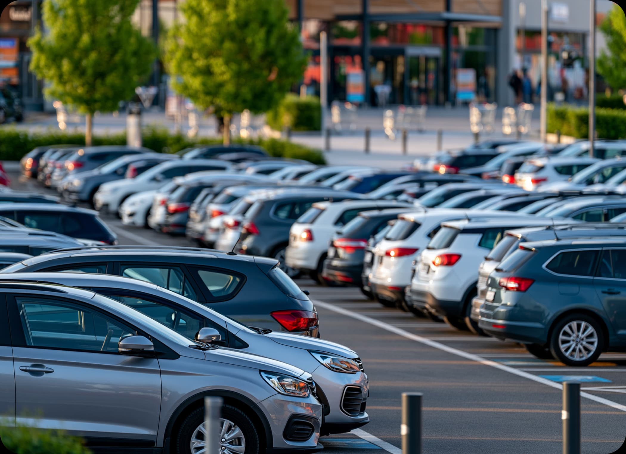 Großer Kundenparkplatz mit vielen Fahrzeugen